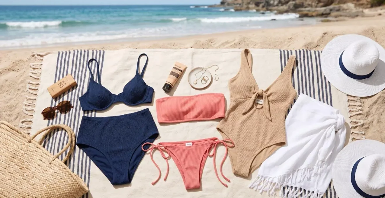 Plusieurs hauts et bas de maillots de bain deux pièces posés sur une serviette de plage, combinaisons variées de couleurs méditerranéennes